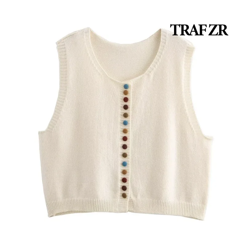 TRAF ZR Sleeveless Vest Woman Waistcoat Women Holiday Tops Color Button Knit Vests Summer Classic Vest Women\'s Fashion Vests