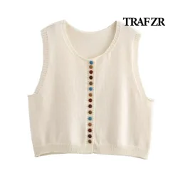 TRAF ZR Sleeveless Vest Woman Waistcoat Women Holiday Tops Color Button Knit Vests Summer Classic Vest Women's Fashion Vests