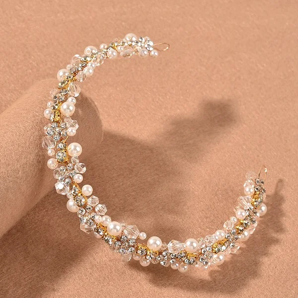 Diadema de diamantes de imitación de perlas para mujer, accesorios para el cabello de boda, Tiara de novia, joyería para el cabello, diadema de Color dorado, regalos