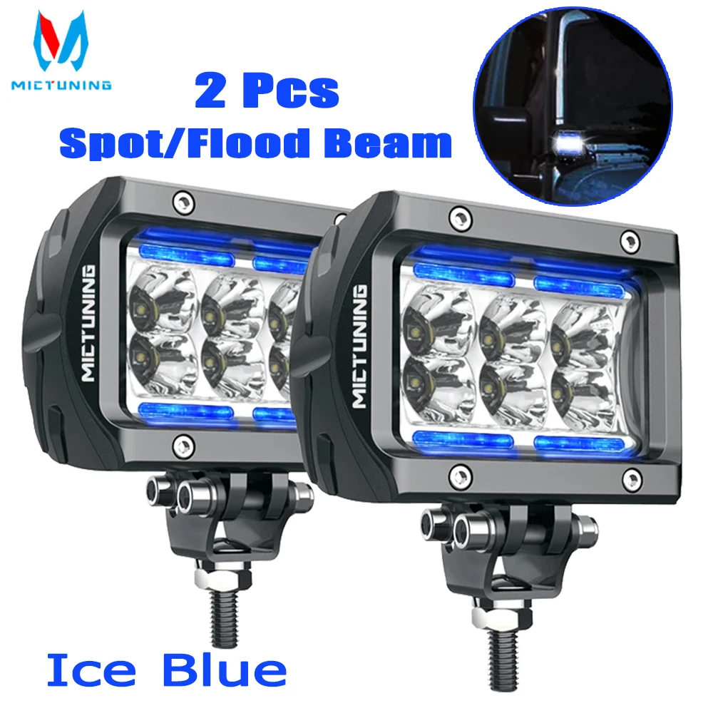 

MICTUNING 2 Pcs 4" 18W Spot /Flood Beam Light LED Work Light With Ice Blue Ambient Light For Driving Offroad Car Tractor Trucks