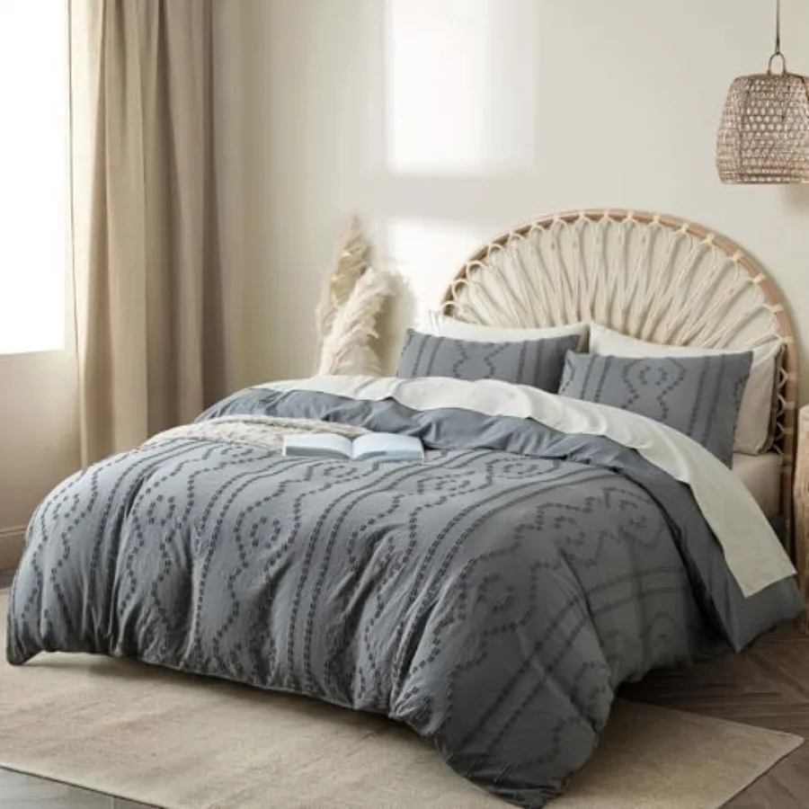 

Комплект постельного белья из 3 предметов: пододеяльник в стиле бохо с геометрическим узором, жаккардовое вязаное текстурированное покрывало в богемном стиле