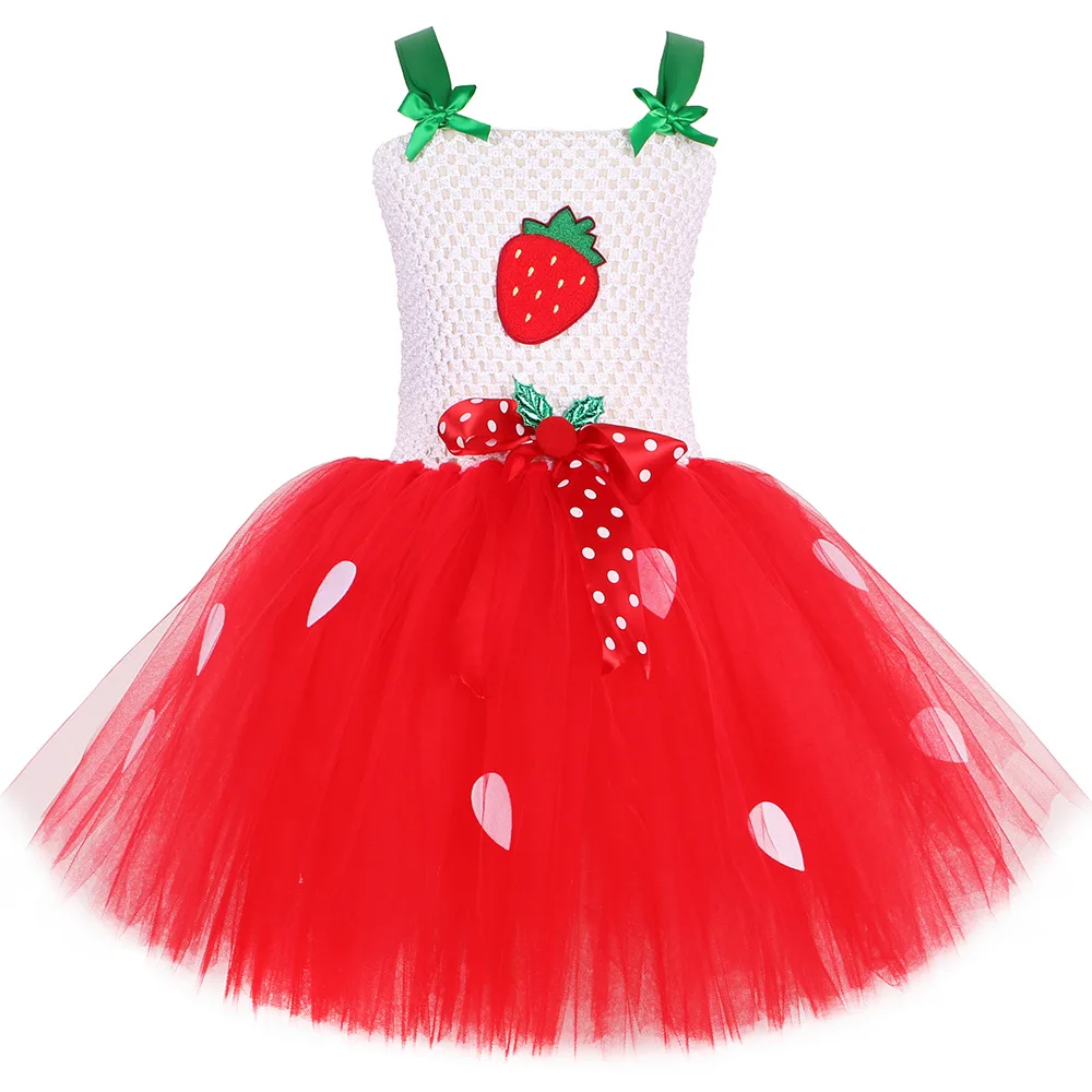Girls Strawberry Tutu Dress Red Princess Dress with Headband Christmas New Year Gift Set Girls Casual Dresses