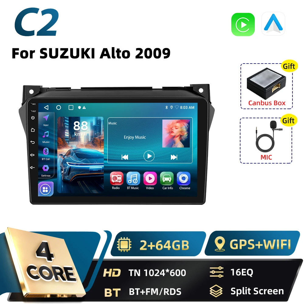 Podofo Carplay Android Android Auto Autoradio Voor SUZUKI Alto 2009 Qualcomm Snapdragon BT GPS DSP WIFI FM RDS 2DIN Autoradio