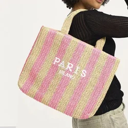 Summer striped handmade grass embroidered beach bag handbag, women's fashionable letter hollowed out handbag