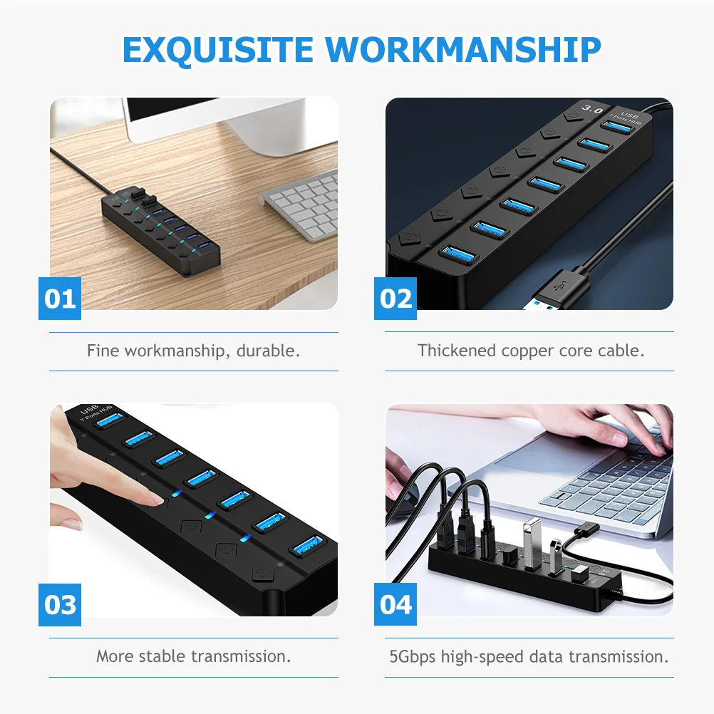

7 Port USB 3.0 Hub High-Speed 5Gbps Data Transfer Thickened Copper Core Cable LED Indicator Plug and Play Adapter for Laptop