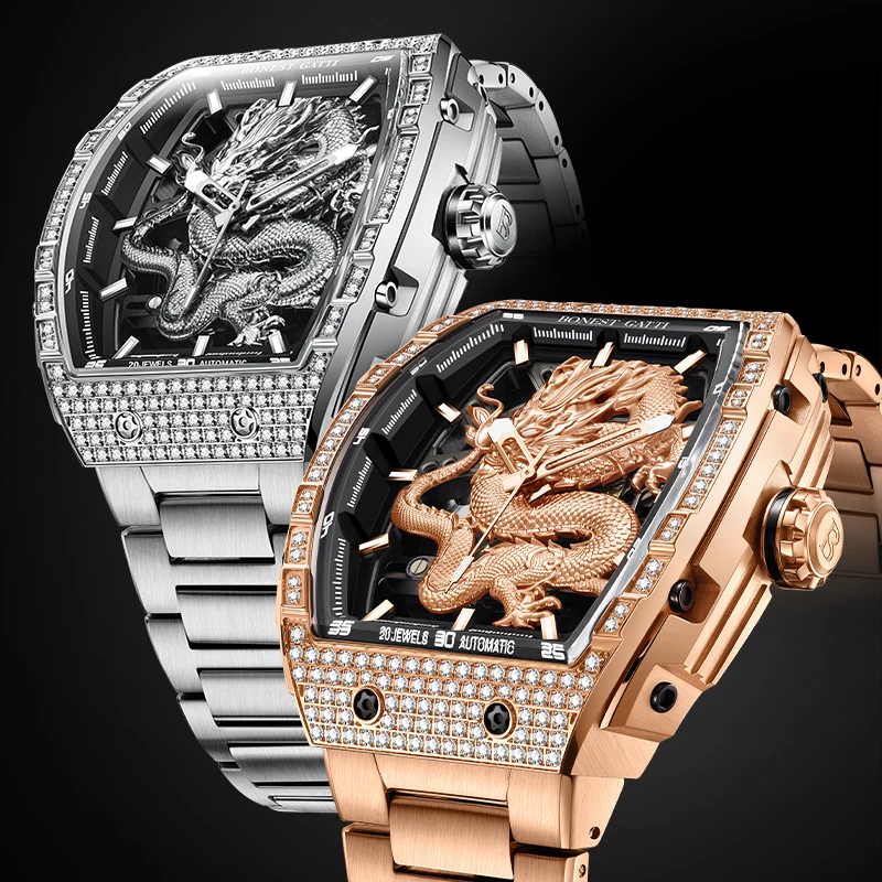 

BONEST GATTI Men's Watch Fashion Mechanical Watch Stainless Steel Strap Dragon Element Wristwatch Luminous Classic Seiko Watches