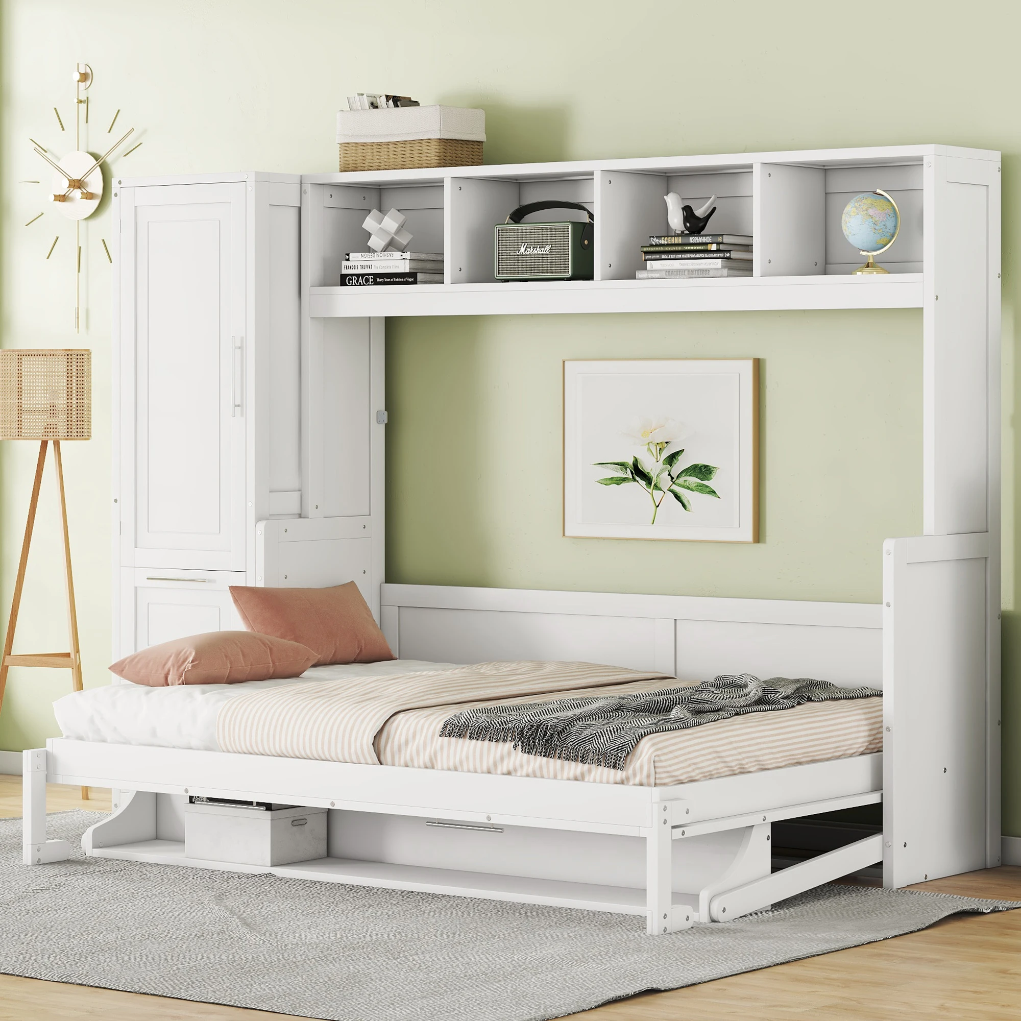 

Full Size Murphy Bed Wall Bed with Closet and Drawers, White 107.50x58x72 in.