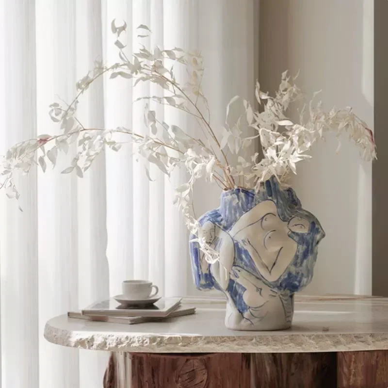 Hand-made Ceramic Vase Irregular Abstract Hand Drawing Art Vase Ceramic Handicraft Home Decoration Accessories Terrarium