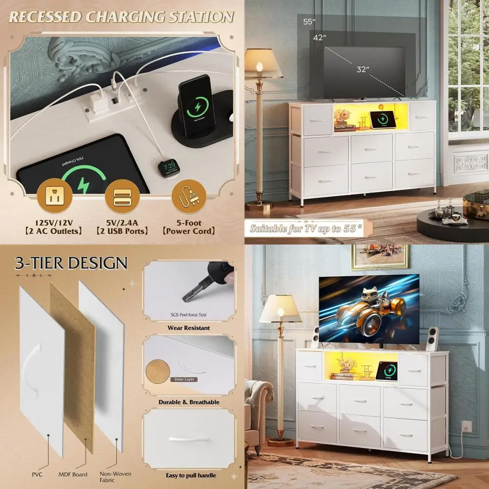 

45-55 Inch TV Entertainment Center with LED Lights, Charging Station, 8-Drawer Chest & Open Shelves