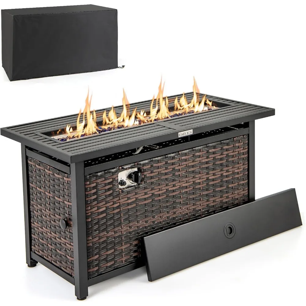 

Outdoor Fire Pit Table Table, 50000 BTU Rattan FirePit W/Metal Top, Rectangular Gas Fire Pits, 45’’ Propane Fire Pit