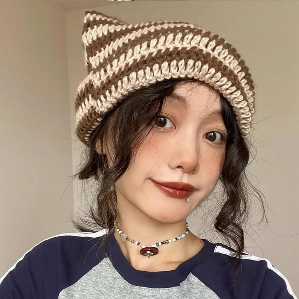 Winter Warm Ear Protection Beanies Pointed Pullover Hat Wool Knitting Cat Ears Cap Handmade Crochet Soft Y2K Striped Knitted Hat