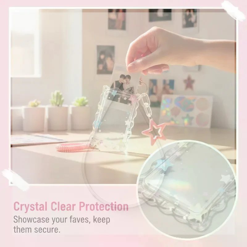 Star Photocard Holder Transparent Hollow Star Charm with Spring Coil Strap Photo Card Sleeve for ID Badge