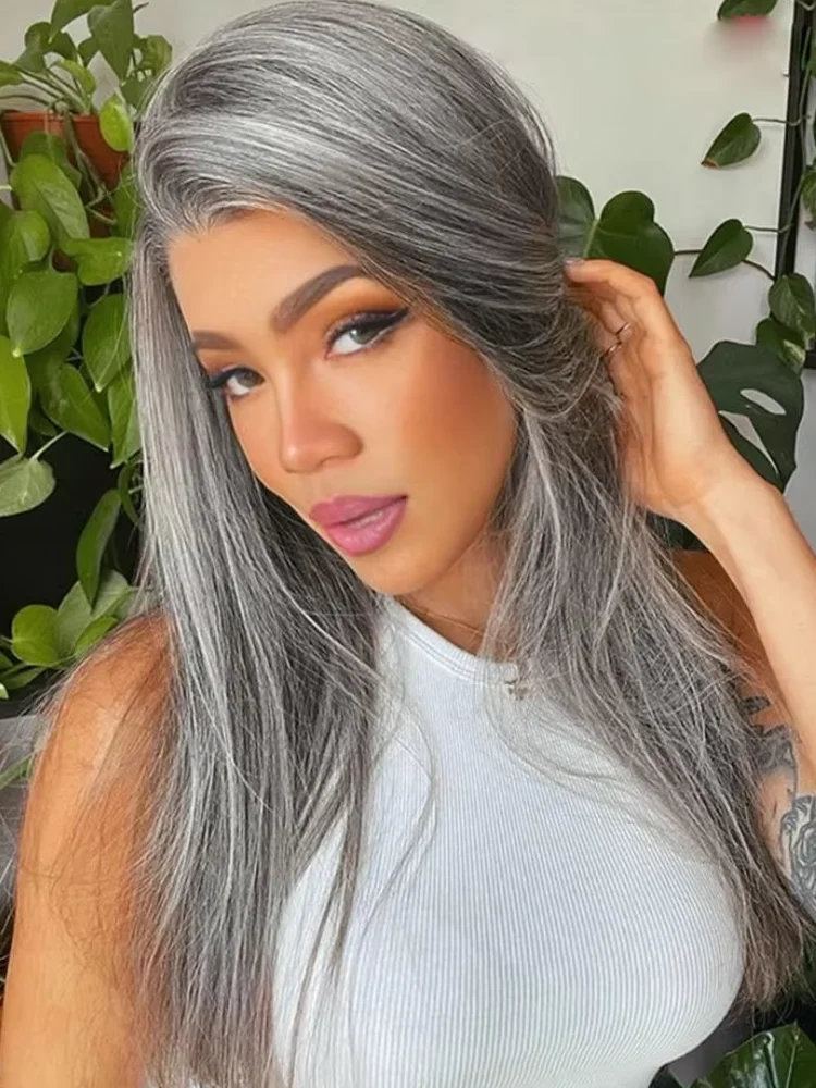 

210% Density Silver Grey Straight 13x6 HD Lace Frontal Wigs Human Hair 30 40 Inch Brazilian Pre Plucked Hairline For Women