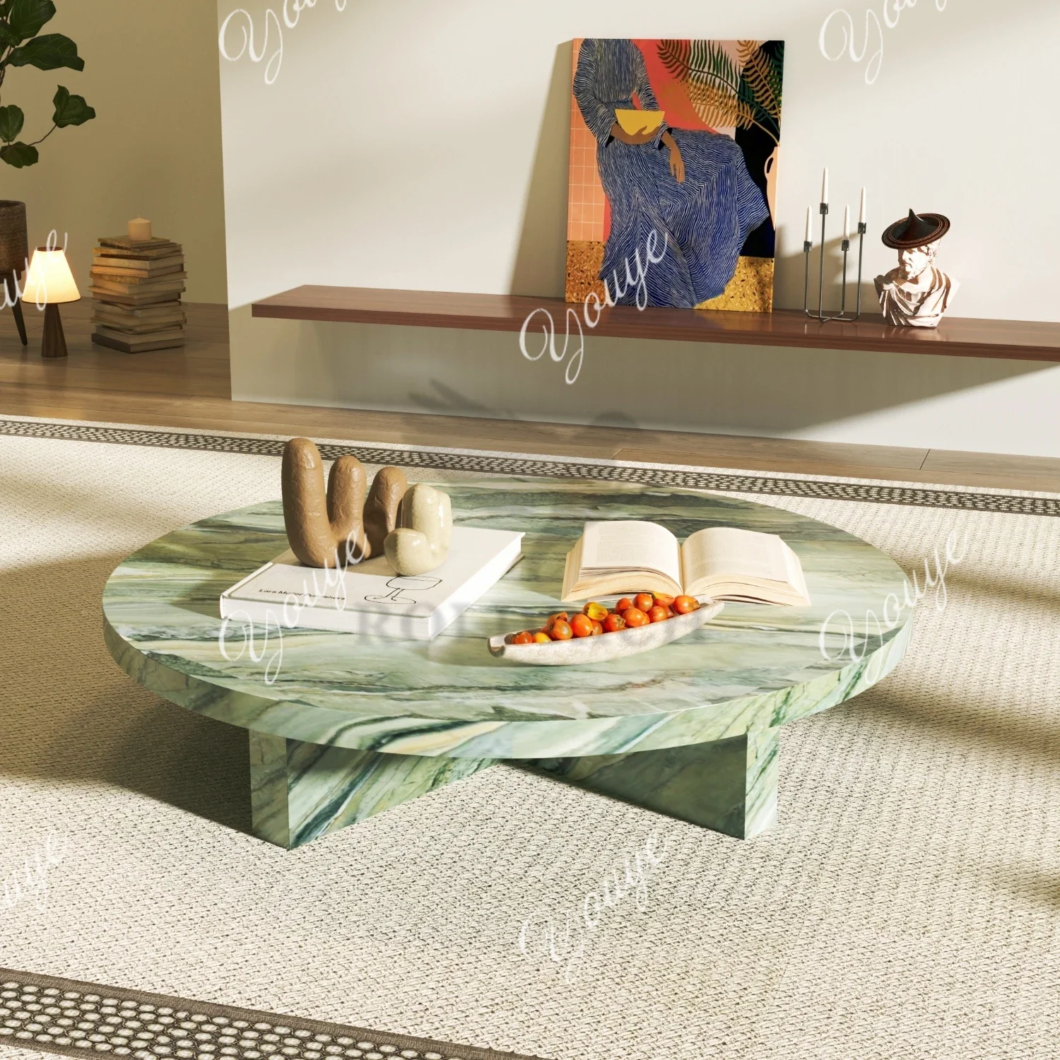 

XA Green Jadeite Marble Round Coffee Table Medieval Retro Style Living Room Size Luxury Stone Rock Slab Tea Corner Table