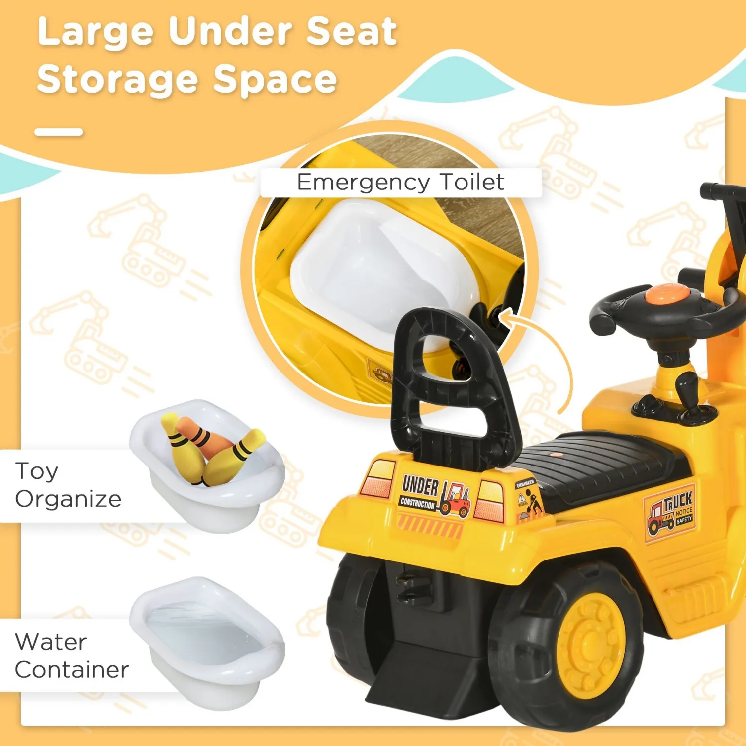 HOMCOM 3-in-1 Ride On Excavator Digger Scooter & Pulling Cart, Construction Pretend Play Toy for Kids