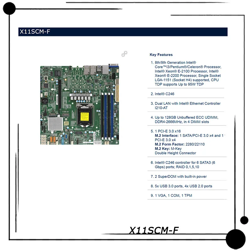 Para supermicro microatx placa-mãe X11SCM-F c246 lga 1151 ddr4 suporte 8th/9th geração core i3 E-2100 E-2200 perfeito testado