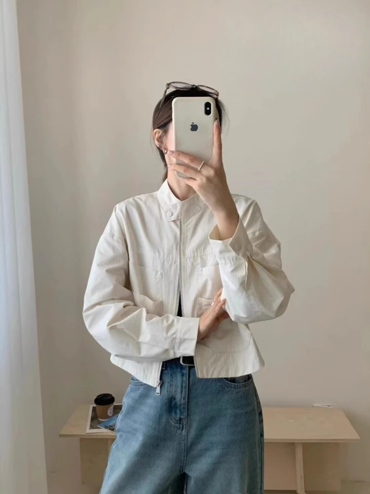 

Женская короткая куртка-ветровка на весну-осень, новая повседневная модель с воротником-стойкой, базовая куртка на молнии, топ-куртка для женщин