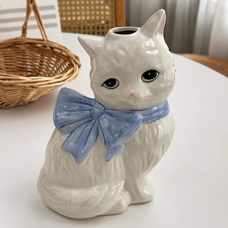 Nordic Ins hand-painted cat ceramic vase ornament living room bedroom dining table art decoration vase aesthetic room decoration