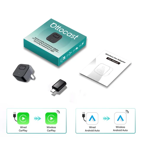 Беспроводной адаптер Ottocast Express Mini Dot для CarPlay и Android Auto, преобразующий проводное подключение в беспроводное, Wi-Fi 6, Plug & Play для Audi и Kia