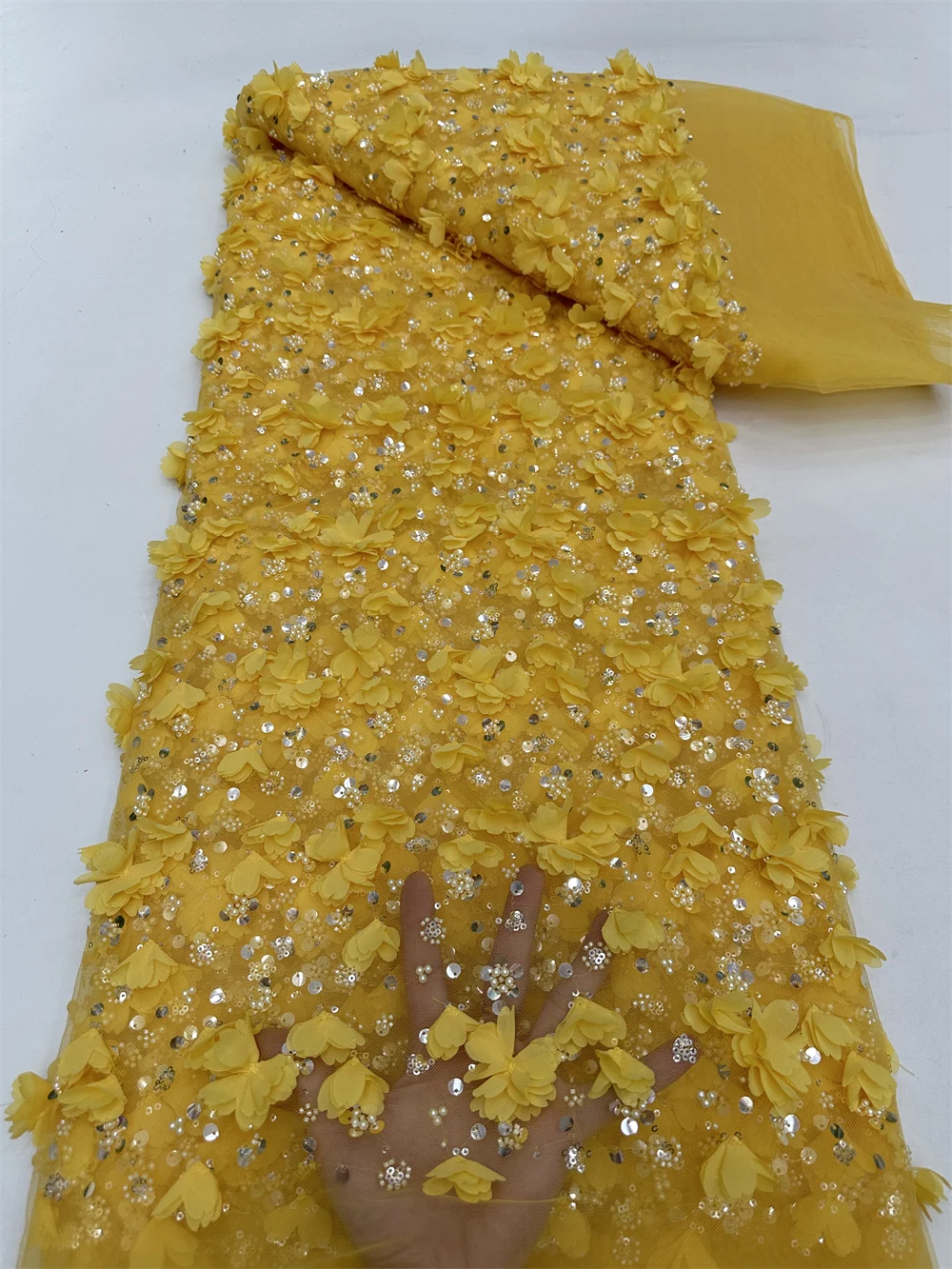 African 3D Lace Fabric for Bridal Party Dresses, Mesh Embroidery, 3D Flower, Nigerian Lace Fabrics, High Quality ,YELLOW