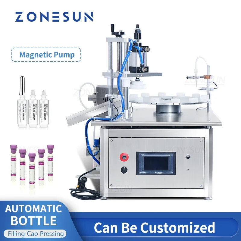 ZONESUN Automatic Vial Magnetic Pump Small Capacity Reagent Liquid Filling And Cap Pressing 2-In-1 Machine