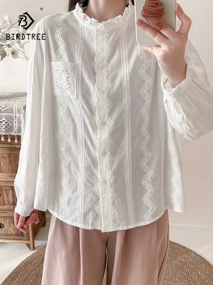 

Новая женская хлопковая рубашка с длинным рукавом Весна 2026, с воротником-стойкой, рюшами и вышивкой, в стиле Mori Girl, французский преппи-стиль, свободная блузка T61881CC