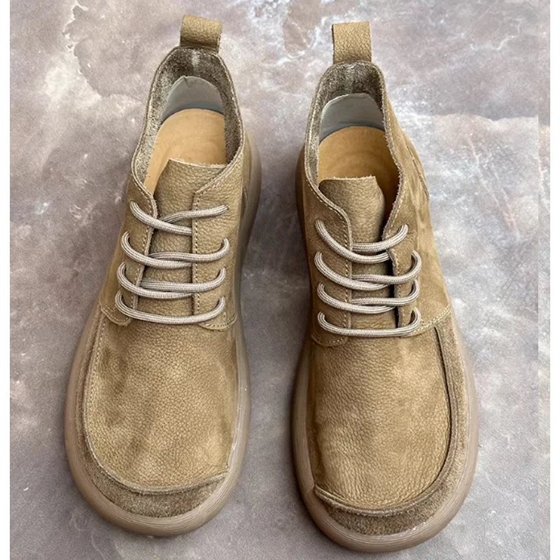 Men's Retro Wide-Head Lace-Up Casual Ankle Boots 2026 Fashion Non-Slip Front Tie Thick Sole High-Top Shoes for Autumn Winter