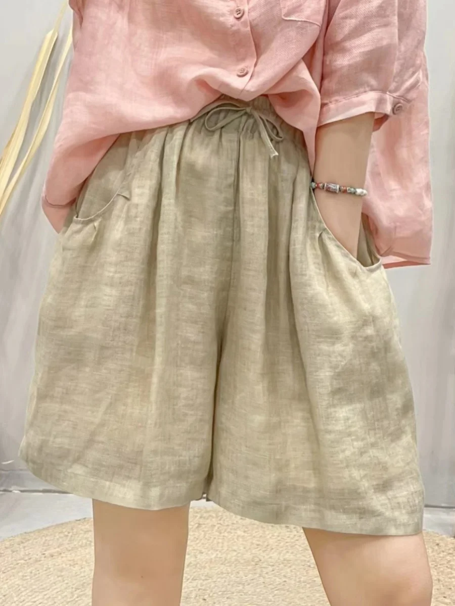 カジュアルな綿麻素材のオルトパンツ、ゆったりとしたハイウエスト、ストレートレッグ、薄手、ベルト付き、レディースプラスサイズ、夏のレジャーパンツ