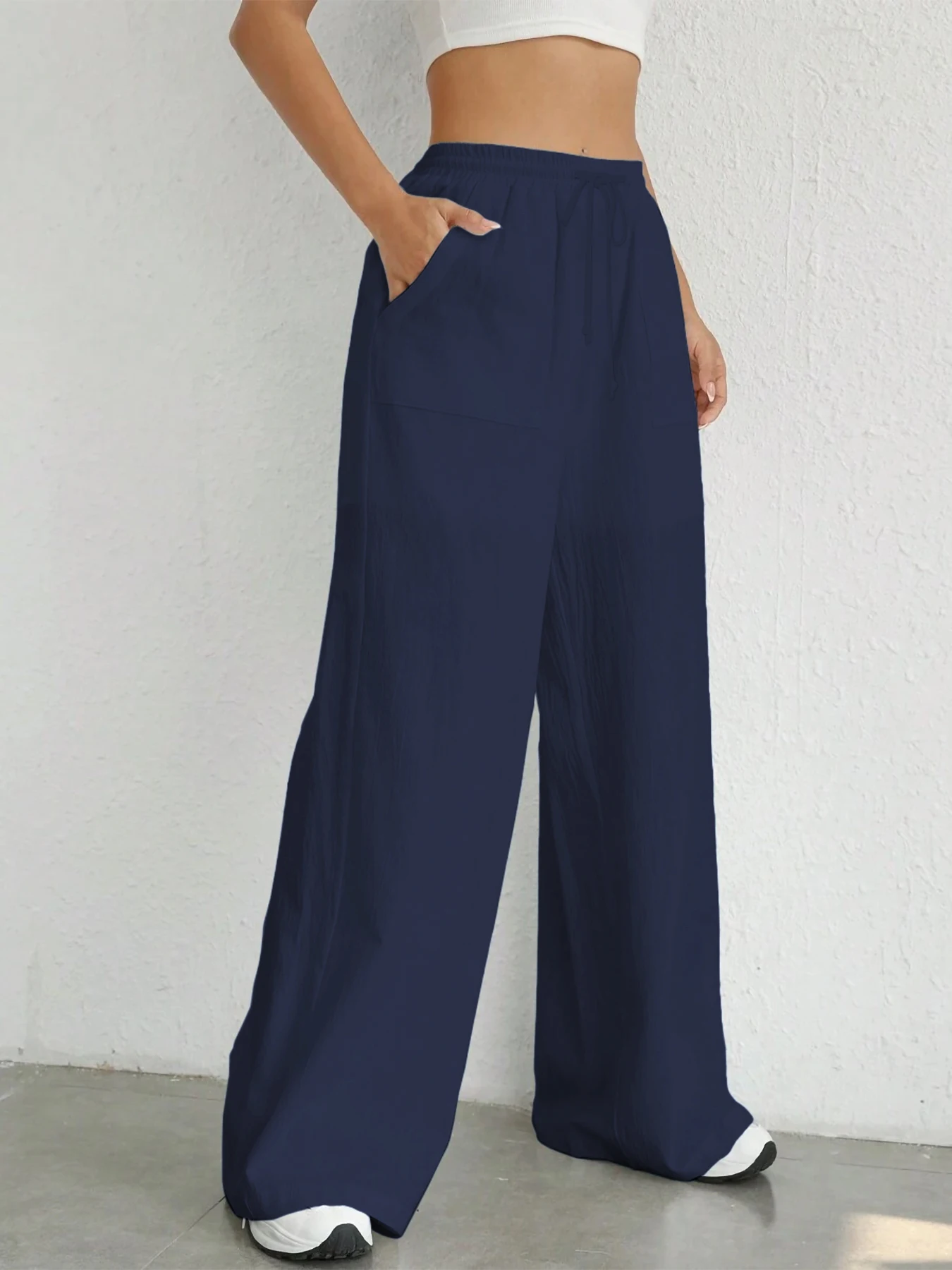 Damen-Hose in Unifarbe, lockere Hose mit weitem Bein, lässige Hose mit Kordelzug, gerade Hose mit Taschen, lässige Hose, lockere Hose mit hoher Taille – Detail 4