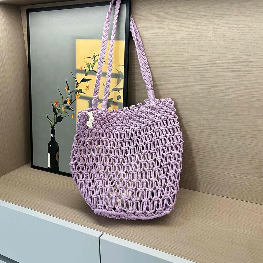 

Летняя хлопковая сумка-тоут ручной вязки для женщин, пляжная сумка в стиле бохо, большая сумка через плечо, ажурная сумка-шоппер