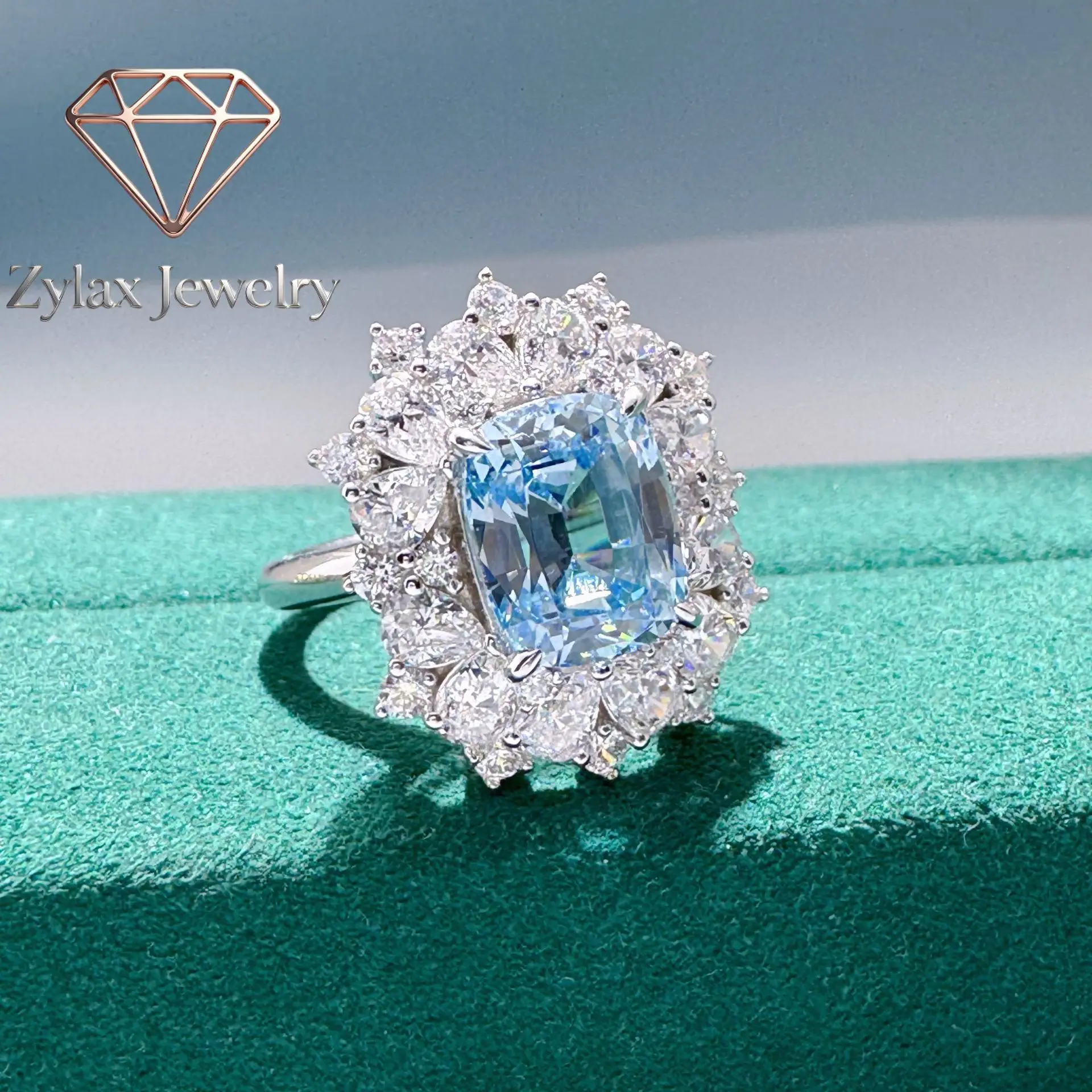 Zylax Jewelry 4ct Aquamarine Moissanite Ring for Women, PT950 Platinum Setting, Clear Hue & Dazzling Shine, Versatile