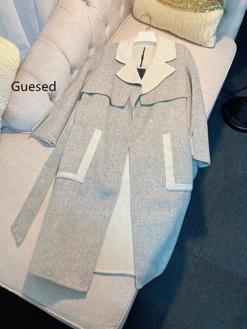 

Guesed Wool Coat Gray Women Autumn Winter Top Quality Ladies Elegant Woolen Outerwear Korean Brief Turn-Down Collar Overcoat 24