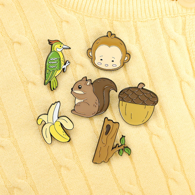 Forest Animal Enamel Pins Monkey Banana Squirrel Pine Cones Woodpecker Trunk Brooch Lapel Badge Bag  Jewelry Gift for Kid Friend