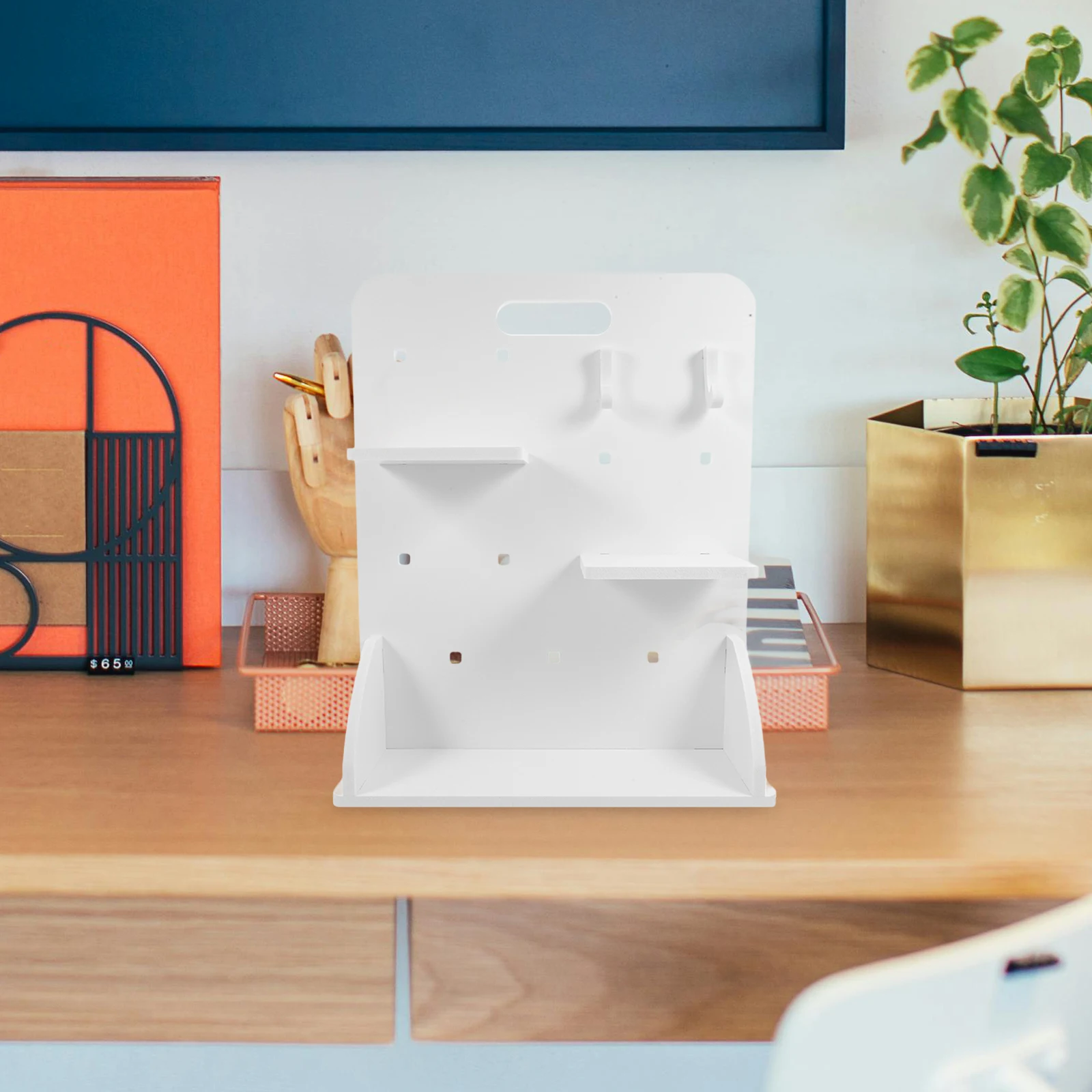 

1Set Standing Desk Organizer PVC Wood Composite Pegboard Storage System with Shelves Hooks for Office Desktop Wall Mount