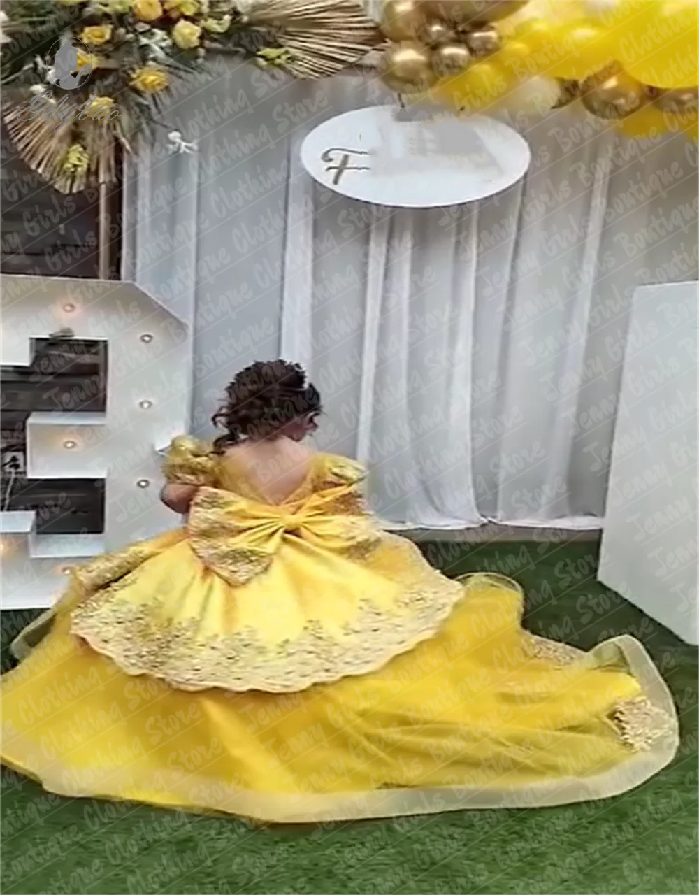 Little Girls Party Dress Bow Flower Girl Dress Yellow For Wedding Beaded Applique Tulle Official Event Beauty Pageant