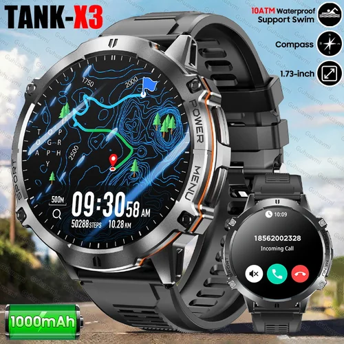 2025 nuevo reloj inteligente militar para exteriores 1000mAh para hombres 10ATM brújula impermeable altímetro pantalla HD AMOLED BT llamada deportes Smartwatch