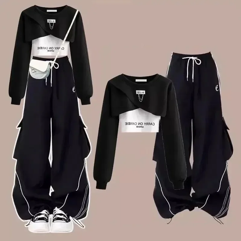 ชุดเซ็ตแฟชั่นใหม่สำหรับเด็กผู้หญิง ฤดูใบไม้ผลิ ฤดูใบไม้ร่วง 2026 สไตล์เกาหลี เสื้อถักไหมพรมสุดหรู+เสื้อกั๊ก+กางเกงคาร์โก้ลำลอง ชุด 3 ชิ้น