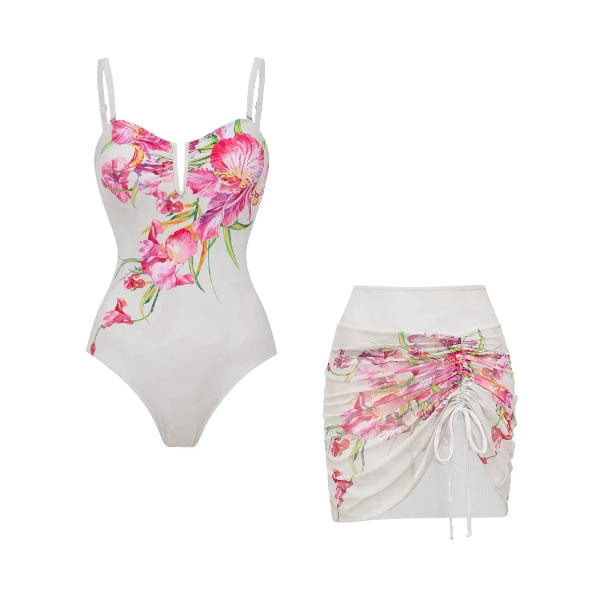 Women's Fresh Pink Floral Print One-Piece Swimsuit with Fine Suspender New Style Two-Piece Swimsuit