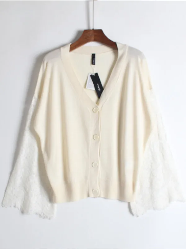 

Тонкий длинный вязаный открытый кардиган све, однотонный, широкая версия, V Ne, кружевное плечо, ранняя осень, женская одежда