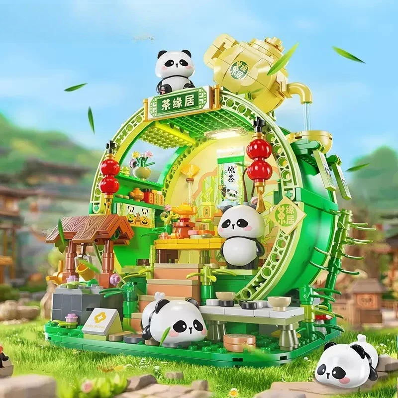 MOC – ensemble de blocs de construction de maison en bambou Panda, mignon, arbre Animal, fleur, cabane, salon, paysage de rue, décor de bureau, jouet à monter soi-même, cadeaux d'anniversaire