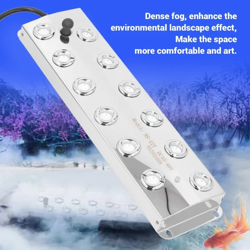 12 Heads Ultrasonic Water Pond Fountain Fogger Quiet IP67 Water Proof 1.5m Cable Ultrasonic Mist Maker DC45-48V