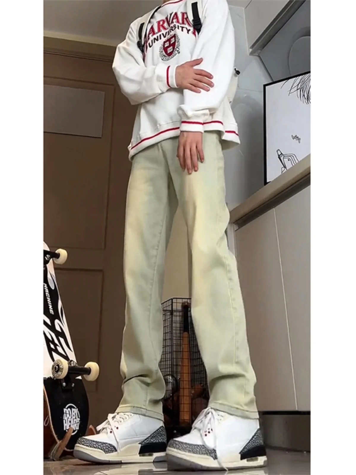 

Мужские прямые джинсы с высокой талией в американском стиле High Street Vibe, осенние свободные посадки, узкая версия, расширенная талия, микро-ф...