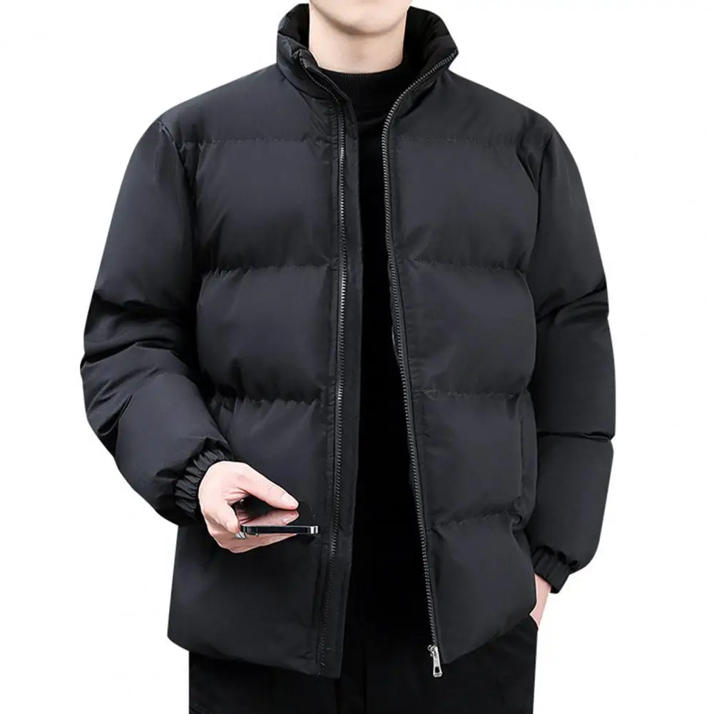 

Solid Color Men Coat Winter Streetwear Men's Solid Color Cotton Coat with Stand Collar Long Sleeves Zipper Placket Hop Fashion