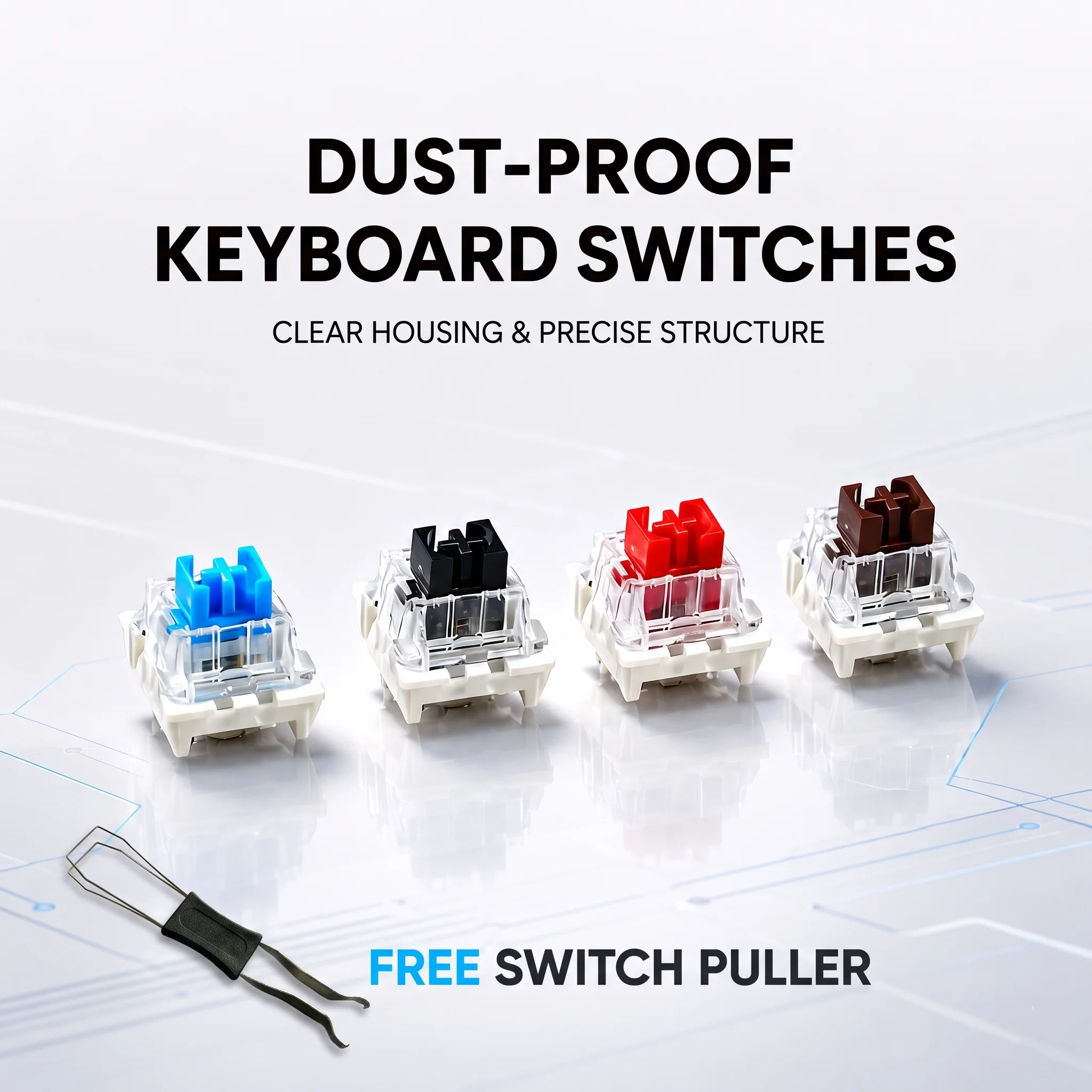 Mechanical Keyboard Switches, Dust-Resistant Clear Housing, 3-Pin MX-Style Cross Stem Replacement Switches, Red Blue Brown Black