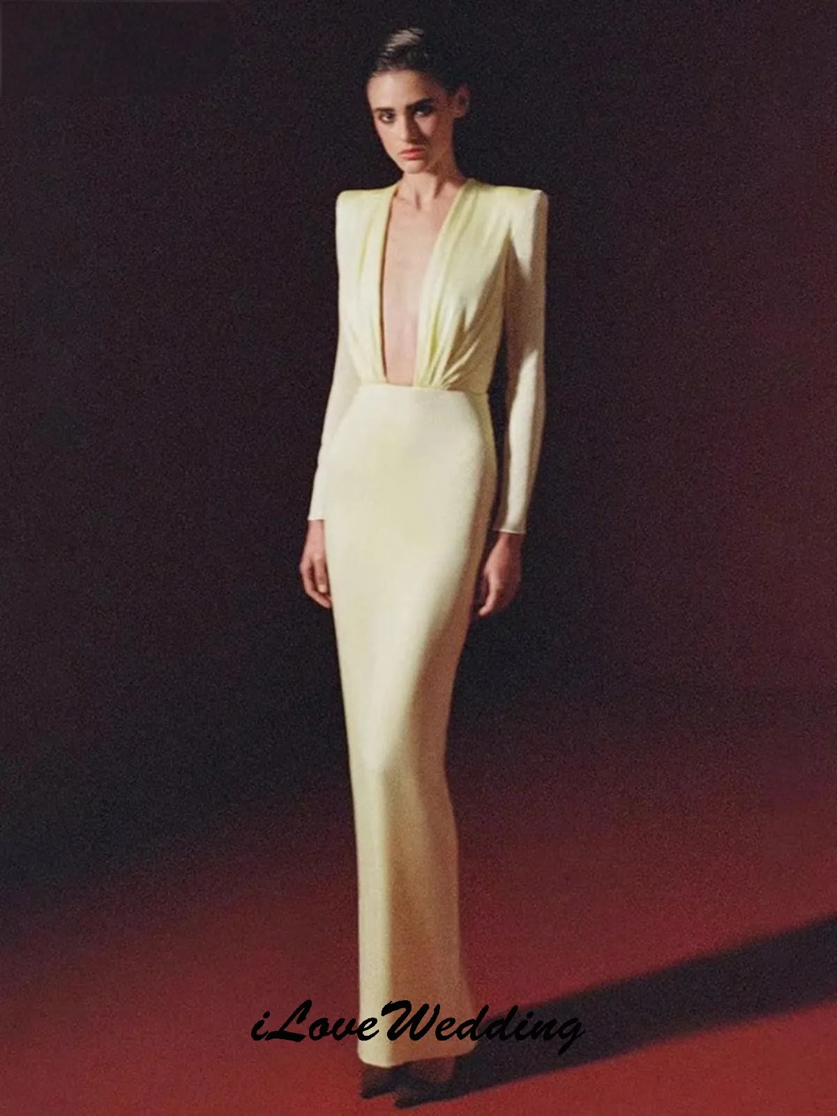 Vestidos de Noche largos con cuello en V profundo de color amarillo claro, vestido de fiesta de boda elegante de sirena de manga larga de satén 2025 para mujer personalizado