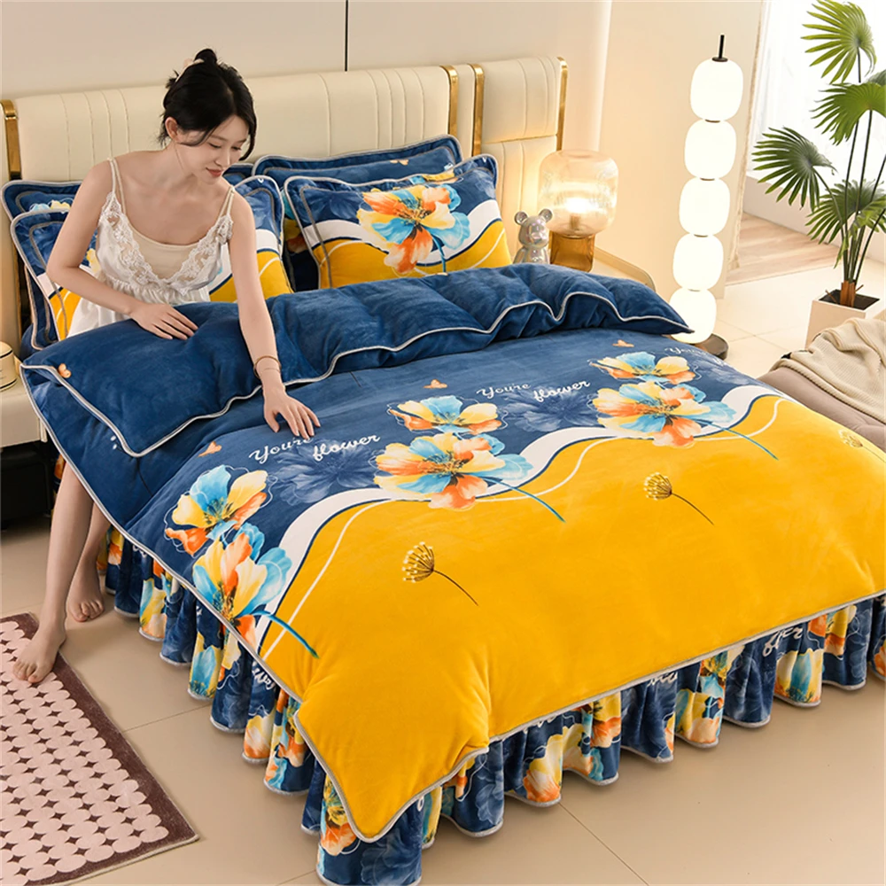 Light Luxury Milk Fleece Four-Piece Sets Pillowcase Quilt Cover Bed Sheet Winter Thickened Duvet Cover Bedroom Decor Bedding Set