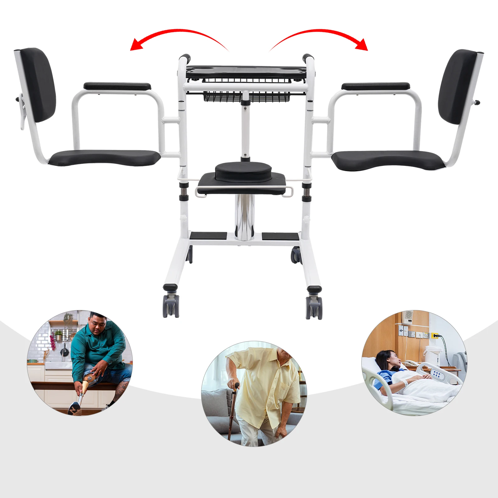 Hydraulic Patient Lift for Home w/180° Split Seat Portable Transport Wheelchair, Transfer Aid for Elderly Black