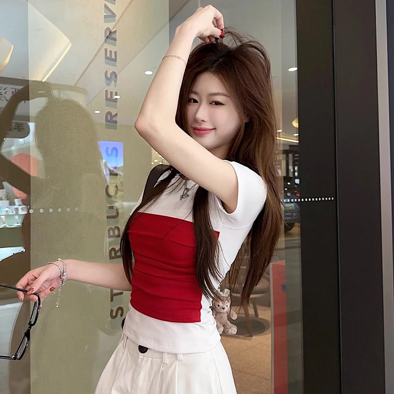 الأمريكية الرجعية التباين اللون جولة الرقبة قصيرة الأكمام ضئيلة تي شيرت الصيف المرأة المحاصيل الأعلى