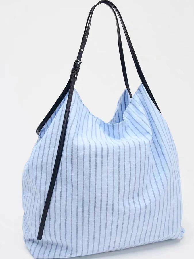 Blue Striped Canvas Tote Bag Large Capacity Commuter Women's Bag Single Shoulder Handbag Casual Summer New Arrival