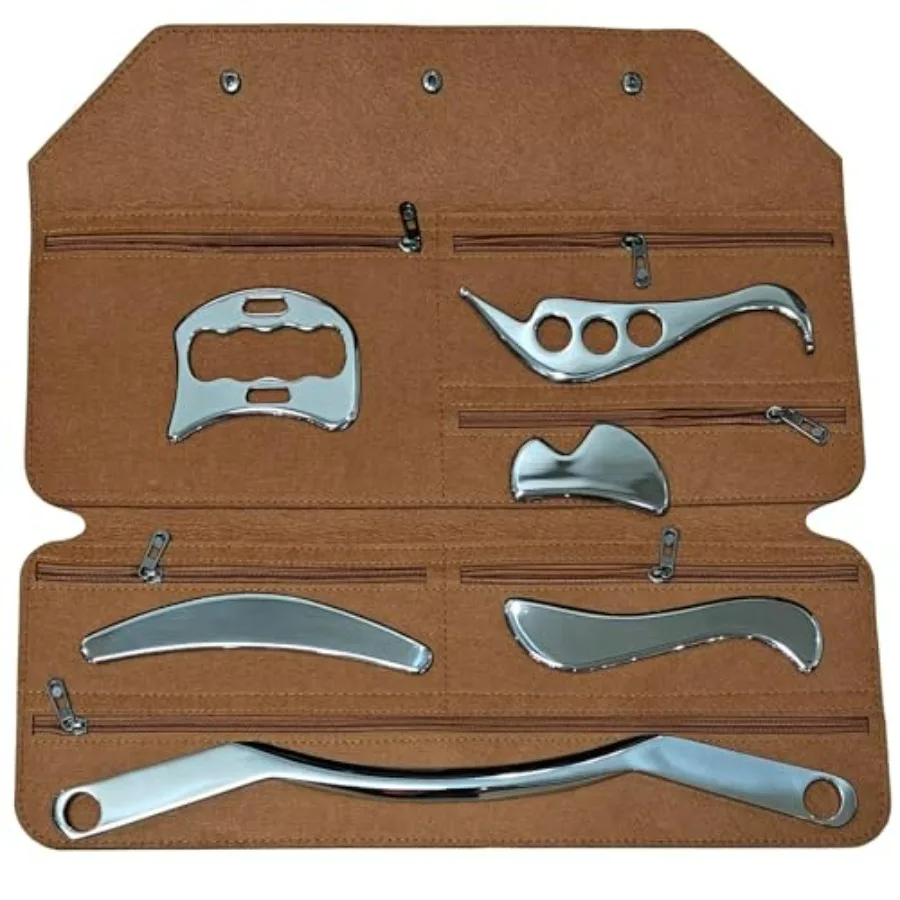6-in-1 Edelstahl Gua Sha Schabemassage-Werkzeugset für Rücken, Nacken, Arm, Bein, Schulter, Ganzkörper-Akupunkturpunkte mit Tragetasche - S